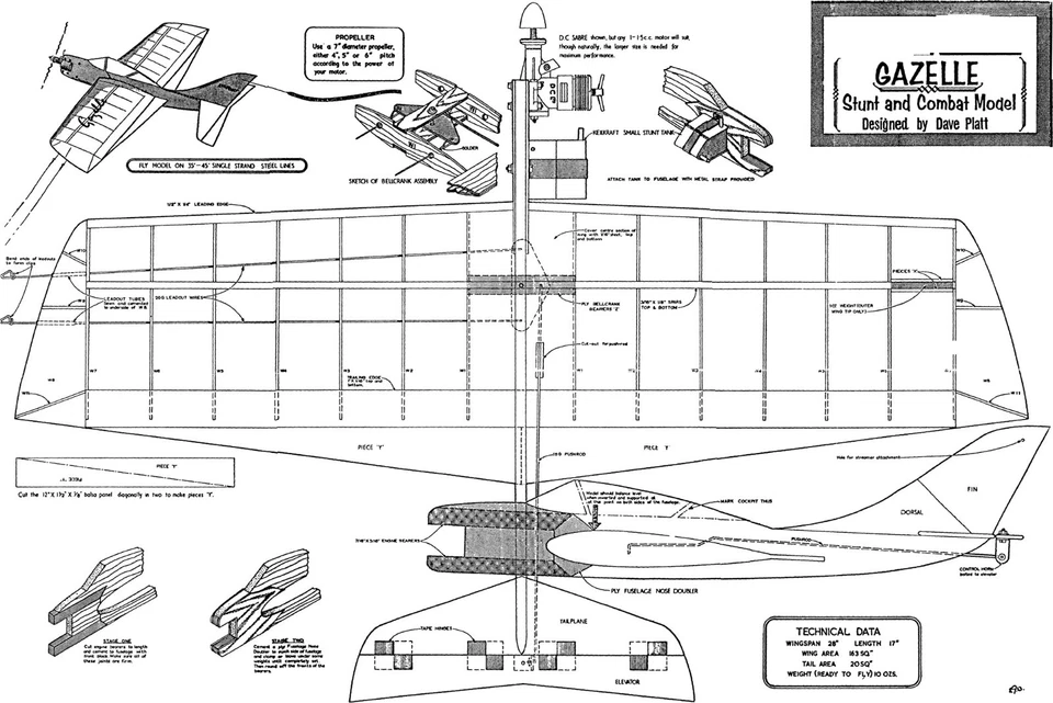Gazelle control line stunt model plan - Image 1 of 1