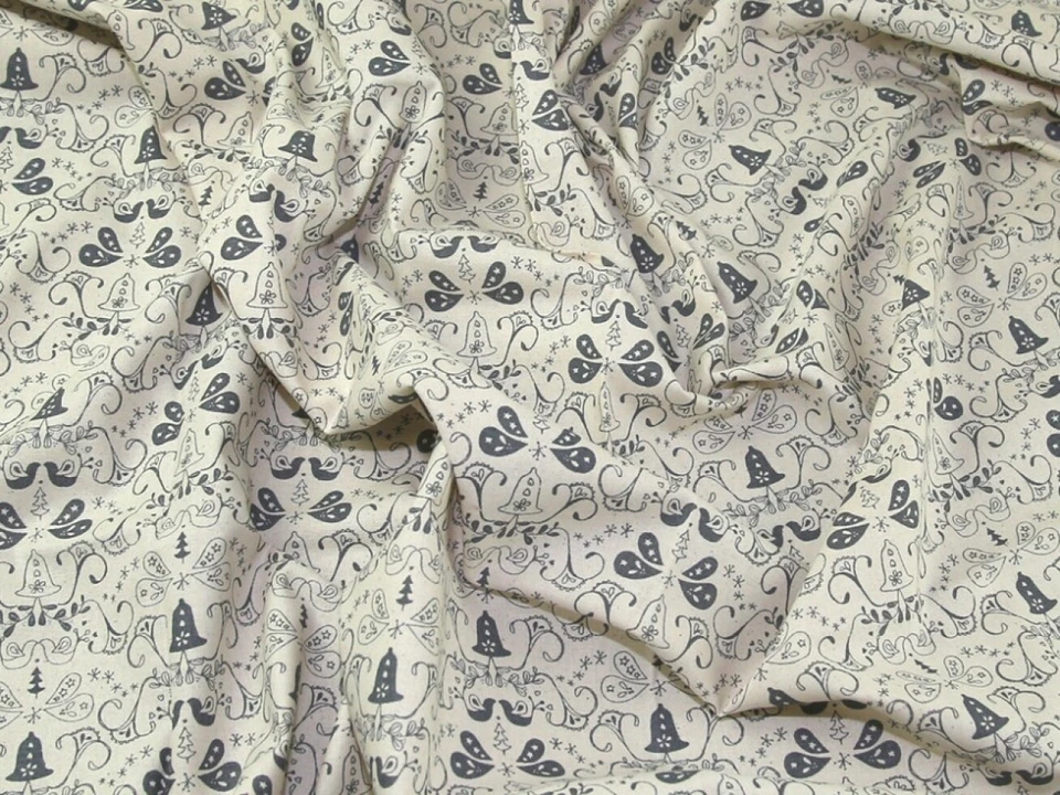 John Louden Printed 100% Cotton Calico Fabric Grey on Natural - per metre - Image 1 of 4