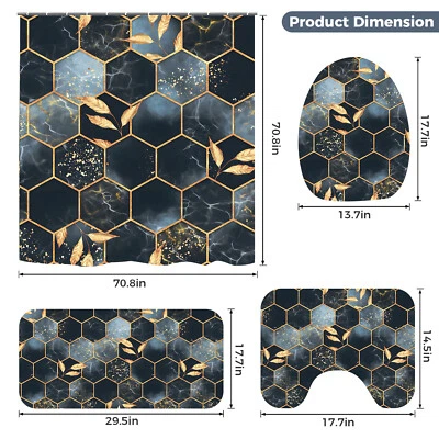 4pcs Honeycomb Marble Shower Curtains Set Waterproof Non-slip Bathroom Mat Rugs - Image 1 of 4