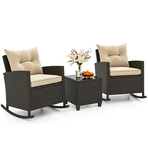 3 PCS Patio Wicker Rocking Set w/ Tempered Glass Table & Soft Cushions Outdoor - Picture 1 of 10