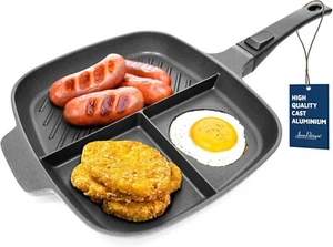 Divided Stove Top Grill Pan 3 Section Breakfast Pan with Divider Frying Pan - Picture 1 of 6