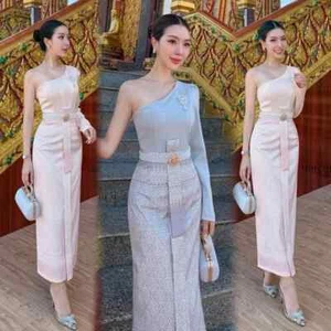 Thai Set Dress Skirt Wedding Silk Blouse Women Asia One Sleeve Brooch Belt Long - Picture 1 of 20