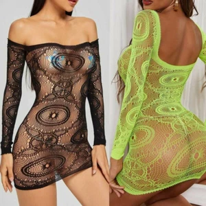 Damen Dessous Schulterfrei Bodycon Netz Durchsichtig Langarm Minikleid - Bild 1 von 3