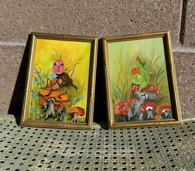 Vintage Original Paintings Fairytale Frog & Cricket Toadstool Pair  by Pietsch - Image 1 of 4