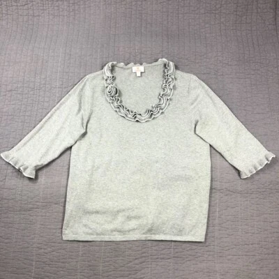 Quacker Factory Sweater Women Large Gray Silver Metallic Sequin Bling Ruffles - Image 1 of 4