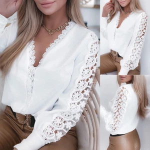 Womens V Neck Pullover Shirt Lace Long Sleeve Blouse Office Ladies Casual Tops - Picture 1 of 21