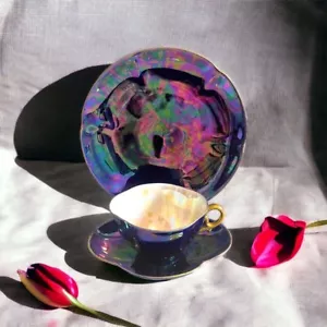 Antique Sarreguemines France Iridescent Lustre Tea Cup Saucer and Plate - Picture 1 of 12