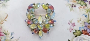 Kramer of New York Green, Blue, & Red Opaline, Rhinestones, Goldtone, Brooch Pin - Picture 1 of 8