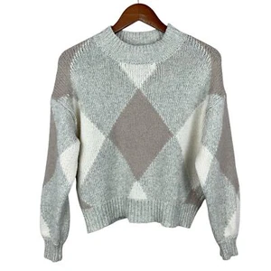 Ann Taylor Sweater Pullover Argyle Grey Cream Soft Knit Mock Neck Women's S - Picture 1 of 7