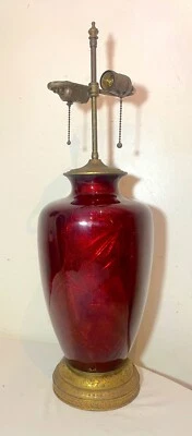 HUGE antique Japanese Ginbari red foil enamel tooled bronze guilloche vase lamp - Image 1 of 4