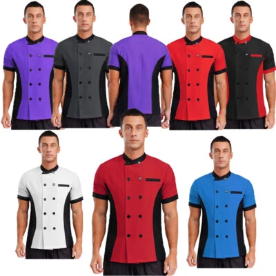 Unisex Men Women Uniform Waiter Jacket Food Cook Coat Color Block Tops BBQ Work - Image 1 of 4