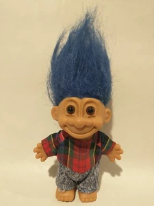 Figura Troll Russ Vintage Años 80 4.5" Pelo Azul Ojos Marrones Conjunto  - Imagen 1 de 9
