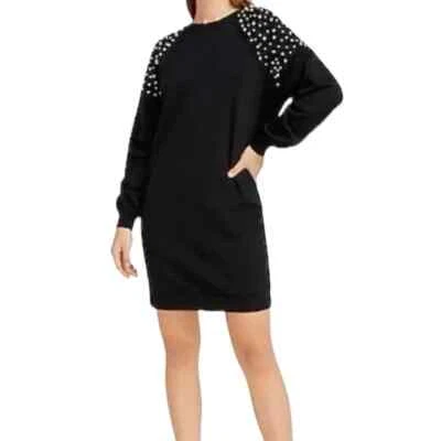 Express Pearl Embellishment Black Sweatshirt Dress Small - Image 1 of 4