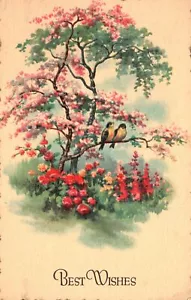 Vintage Postcard Best Wishes Flowering Tree Birds on Twig Garden Greetings Card - Picture 1 of 2
