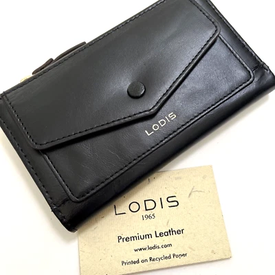 NUEVO CON ETIQUETAS LODIS Cartera Delgada Doble Plegable Cuero Negro 6''x 3.5"" Estuche para Tarjetas Foto 1 de 4