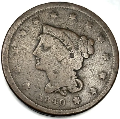 Moeda em bom estado 1840 pequena data cabelo trançado centavo grande - 1186 - Imagem 1 de 2