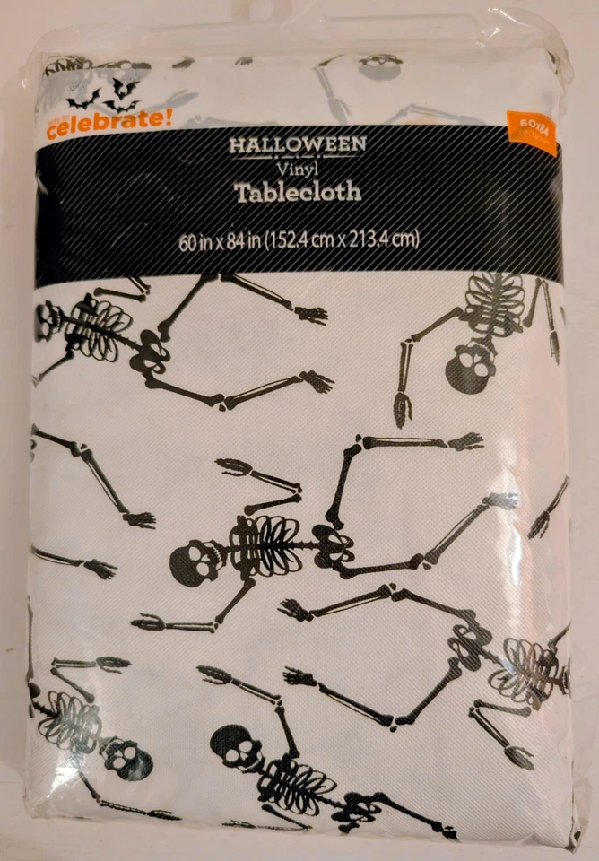 NUEVO Mantel Vinilo Esqueletos Bailando Halloween Rectángulo 60"x 84” Negro Gótico  Foto 1 de 4