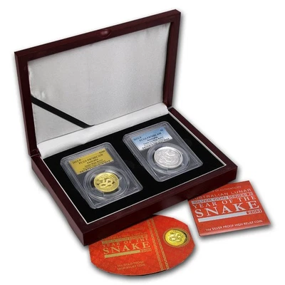 2013 2-Pc 1 oz Gold & Silver High Relief Snake Prf Set PR-70 PCGS - Image 1 of 3