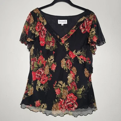 Черный красный цветочный ассиметричный многослойный оборчатый топ винтажный размер 16 Y2k Dark Fairy - Изображение 1 из 4