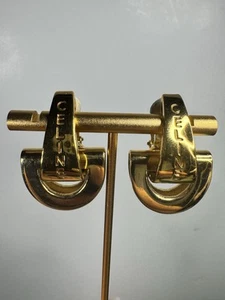 Vintage Celine Paris Gold Logo Clip-On Earrings 1990s Runway Style - Picture 1 of 12