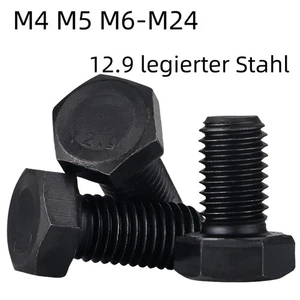 M4 M5 M6-M24 Sechskantschrauben Schwarz 12.9 Stahl Sechskant Maschinenschrauben - Picture 1 of 10