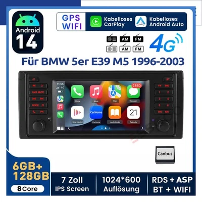 7" 6+128GB Android14 Autoradio Für BMW 5er E39 M5 Apple CarPlay GPS Navi WIFI AM