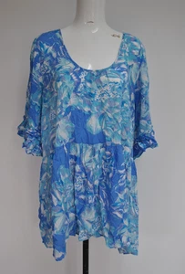 Blusa tunica donna float taglie forti blu floreale manica corta taglia 22-24 TUA - Foto 1 di 4