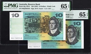 Australia 2 x 10 Dollars P45g R313 1991 Fraser Cole PMG65 Gem UNC EPQ Notes SET - Picture 1 of 5