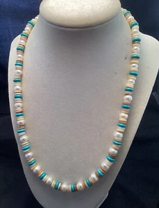 Sterling Silver Handmade Turquoise Shell & Pearl Necklace 20.5” - Picture 1 of 8