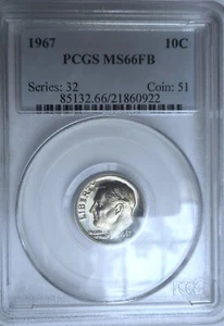 1967 . Roosevelt Dime. PCGS MS66FB . Gem+/Superb BU. Full Bands. Business Strike - Picture 1 of 4