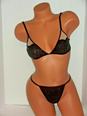 Victoria's Secret Desnudo ~ Bralette Corazón Lentejuelas Negro y Tanga en V S/XS  Foto 1 de 4