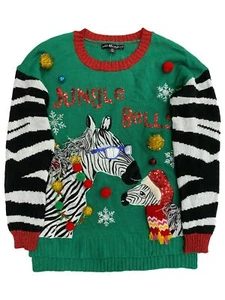 Womens Green Sequin Embellished Pom Zebra Christmas Holiday Sweater - Picture 1 of 1