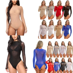 AU Sexys Women's See Through Bodysuit Sheer Romper Long Sleeve High Cut Leotards - Picture 1 of 162