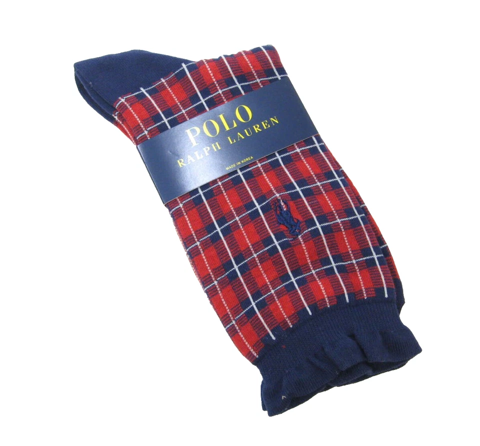 Ralph Lauren Damas Calcetines Mezcla Algodón Borde Volantes Cuadros Azul Marino Rojo Foto 1 de 1