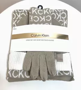 NEW Calvin Klein Women's Hat Tech Touch Gloves & Scarf ~ Tan & White NWT $98. - Picture 1 of 4