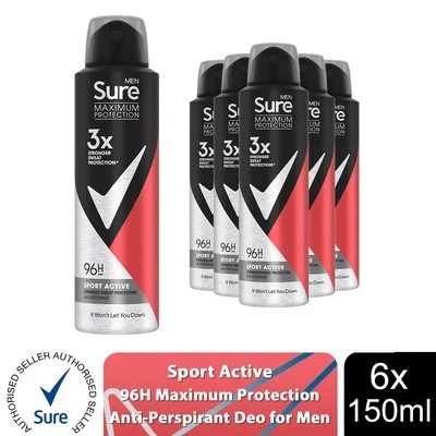 Sure Men Maximum Protection 96H Antitranspirant Deodorant Sport Active 150ml, 6er Pack