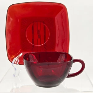 Anchor Hocking Charm Ruby Square Cup & Saucer Set of 2 Pressed Glass USA Made - Picture 1 of 6