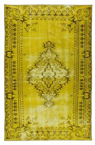 5.2x8.3 Ft Vintage Handmade Turkish Rug Overdyed in Yellow with Medallion Design - Picture 1 of 5