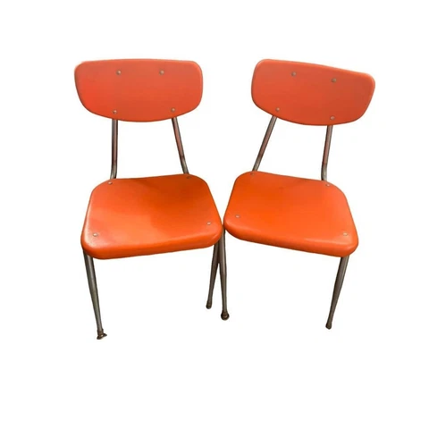 Vintage Virco School Chairs Set of 2 Stacking Orange Plastic Chrome Lot A Cover