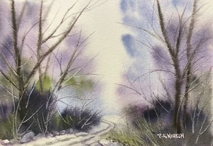 5”x7” Original Watercolor Pamela Wilhelm Trail Road Violet Misty Tree Landscape - Picture 1 of 3