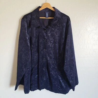 Basic Editions Dark Floral Burnout Button Up Top Corduroy Midnight Blue Size 3X - Image 1 of 4