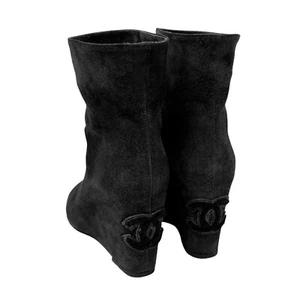 CHANEL Vintage CC Logo Short Boots #37.5 Suede Black Cream Open Toe Wedge Sole - Picture 1 of 13