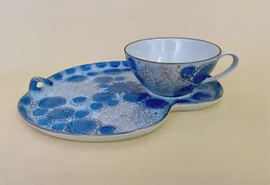 Fujita Kutani Shuho Blau Sandwich Tablett(e) Chrysantheme Pfingstrosen Teeservice Japan - Bild 1 von 17