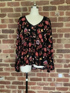 Lily Loves Ladies 16 black top Peasant floral print hi low Tunic blouse Bell - Picture 1 of 9