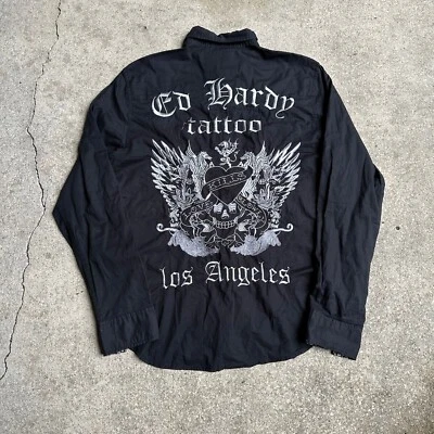 Camisa Y2k Ed Hardy Tatuaje Abotonada Talla M 24x29 Patinadora Bordada Negra Blanca  Foto 1 de 4