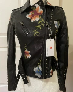 Nueva con etiquetas Chaqueta de Motocicleta de Cuero Sintético Ly Varey Lin Para Mujer Bordada Floral Talla S - Imagen 1 de 10