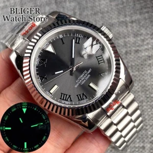 Neu 39mm NH35 Automatikuhr Herren graues Zifferblatt grüne römische Ziffern President Armband - Bild 1 von 7