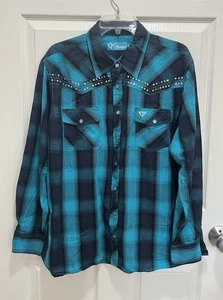COWGIRL HARDWARE Women XL Teal Plaid Pearl Snap Western Shirt Sequins Rodeo - Picture 1 of 8