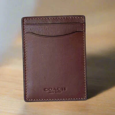 Coach Money Clip Card Case Mens Dark Saddle Leather C6702 Wallet Compact - Image 1 of 4