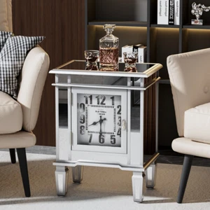 Mirrored Side End Table Coffee Table with Clock for Living Room Bedroom Cabinet - Picture 1 of 12